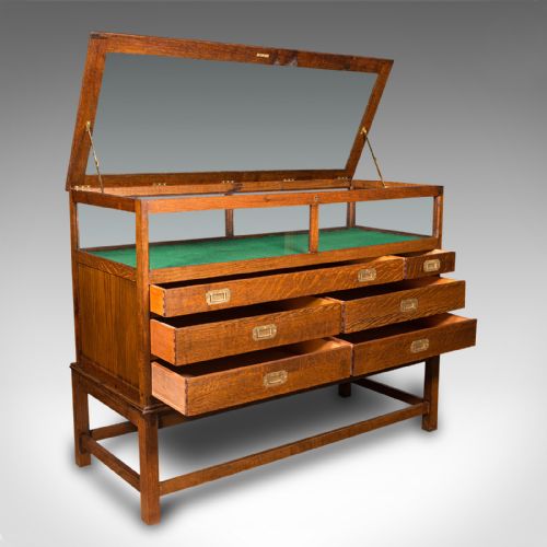 Antique Jeweller's Display Cabinet, English, Oak, Shop, Haberdashery, Edwardian