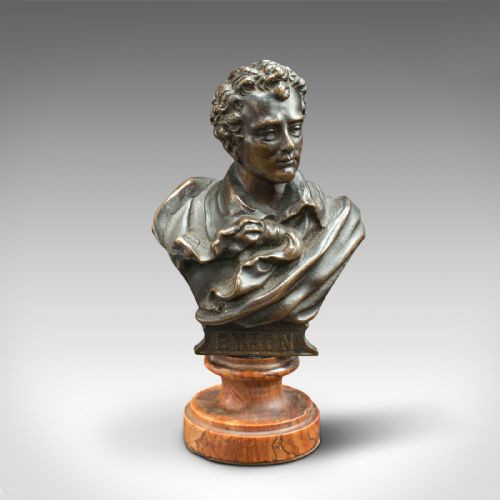 fig 1. Small Antique Portrait Bust, Austrian, Bronze, Figure, Lord Byron, Victorian
