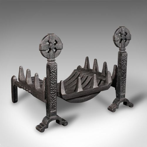 Antique Fireplace Grate, English, Cast Iron Fire Basket, Celtic Cross, Victorian