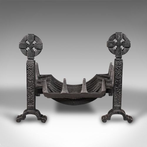 fig 1. Antique Fireplace Grate, English, Cast Iron Fire Basket, Celtic Cross, Victorian