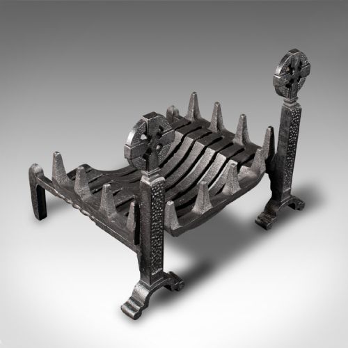 fig 5. Antique Fireplace Grate, English, Cast Iron Fire Basket, Celtic Cross, Victorian