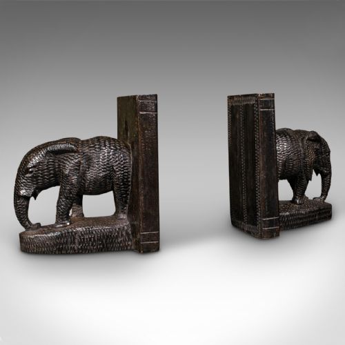 Pair of Antique Elephant Bookends, Botswanan, Ebonised, Book Rest, Victorian