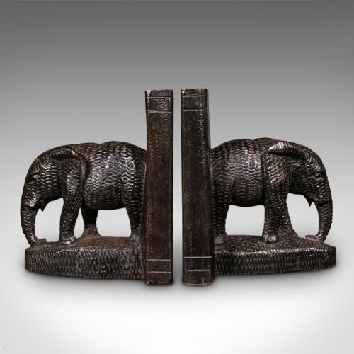 fig 1. Pair Of Antique Elephant Bookends, Botswanan, Ebonised, Book Rest, Victorian
