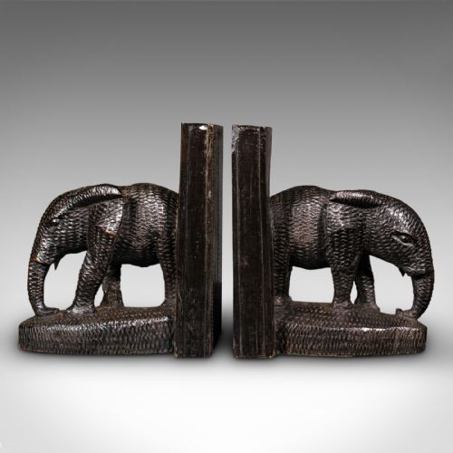 fig 2. Pair Of Antique Elephant Bookends, Botswanan, Ebonised, Book Rest, Victorian