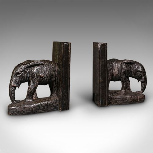 fig 4. Pair Of Antique Elephant Bookends, Botswanan, Ebonised, Book Rest, Victorian