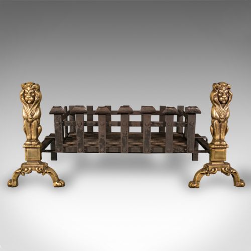 fig 1. Antique Decorative Fire Basket, English, Fireside Grate Set, Andirons, Victorian