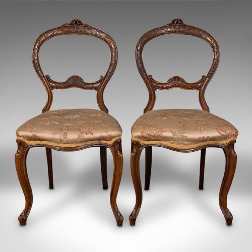 fig 1. Pair Of Antique Side Chairs, English, Walnut, Reception Hall, Seat, Victorian