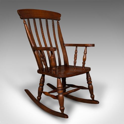 Antique Lath Back Rocking Chair, English Oak, Beech, Elbow Seat, Victorian, 1900