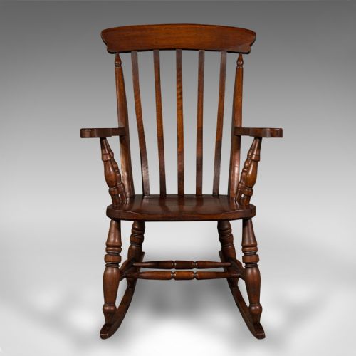 fig 1. Antique Lath Back Rocking Chair, English Oak, Beech, Elbow Seat, Victorian, 1900
