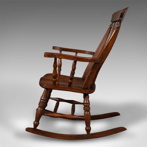 fig 2. Antique Lath Back Rocking Chair, English Oak, Beech, Elbow Seat, Victorian, 1900