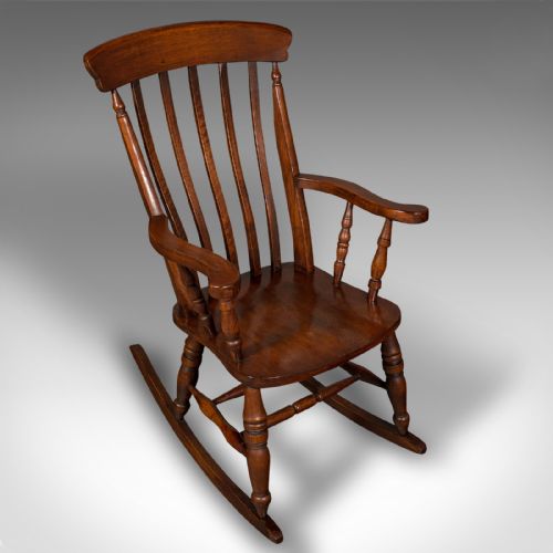 fig 3. Antique Lath Back Rocking Chair, English Oak, Beech, Elbow Seat, Victorian, 1900