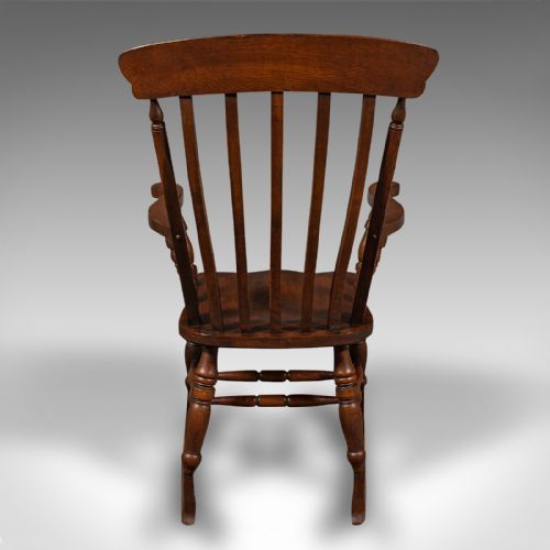 fig 4. Antique Lath Back Rocking Chair, English Oak, Beech, Elbow Seat, Victorian, 1900