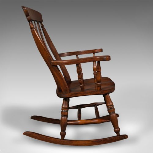 fig 5. Antique Lath Back Rocking Chair, English Oak, Beech, Elbow Seat, Victorian, 1900