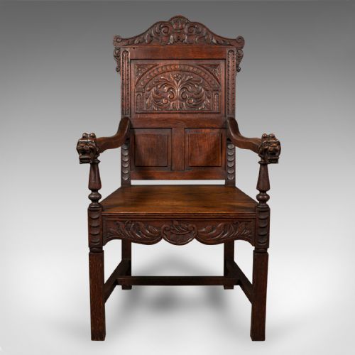 fig 1. Antique Carved Hall Chair, Scottish, Oak, Decorative Elbow Seat, Victorian, 1860