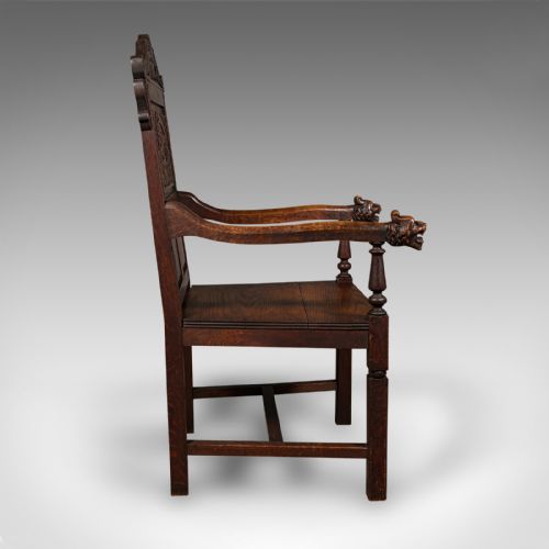 fig 2. Antique Carved Hall Chair, Scottish, Oak, Decorative Elbow Seat, Victorian, 1860