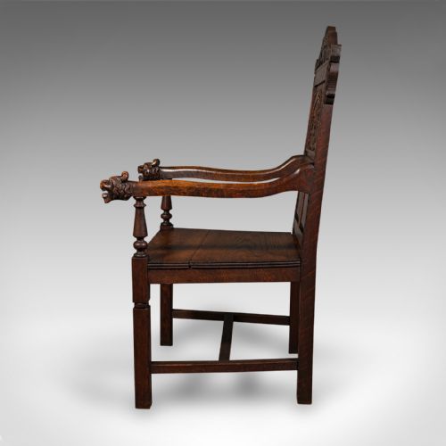 fig 3. Antique Carved Hall Chair, Scottish, Oak, Decorative Elbow Seat, Victorian, 1860