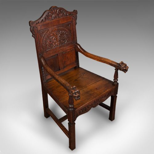 fig 5. Antique Carved Hall Chair, Scottish, Oak, Decorative Elbow Seat, Victorian, 1860