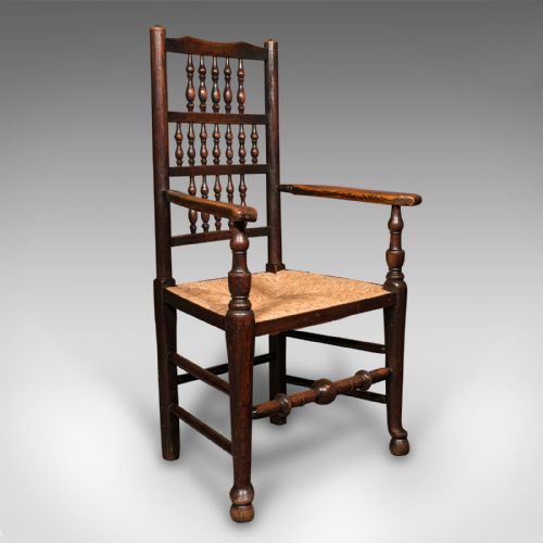 Antique Lancashire Spindle Back Elbow Chair, English Oak, Hall Carver, Victorian