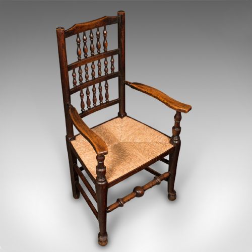 fig 2. Antique Lancashire Spindle Back Elbow Chair, English Oak, Hall Carver, Victorian
