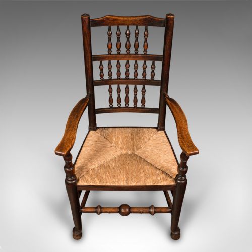 fig 3. Antique Lancashire Spindle Back Elbow Chair, English Oak, Hall Carver, Victorian