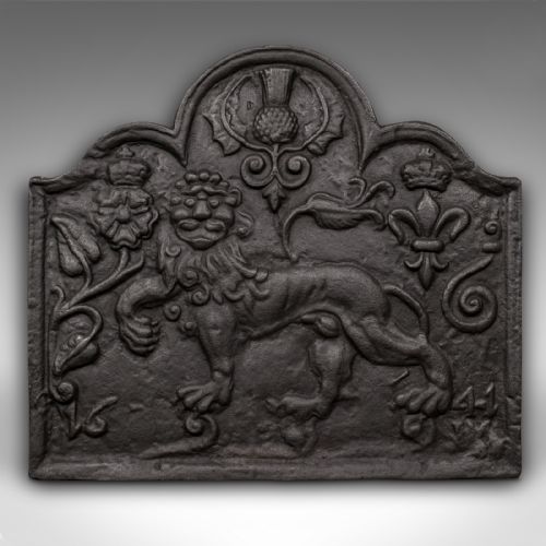 fig 1. Antique Relief Fire Back, English, Iron, Fireplace, Carolean Revival, Victorian