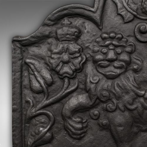 fig 4. Antique Relief Fire Back, English, Iron, Fireplace, Carolean Revival, Victorian