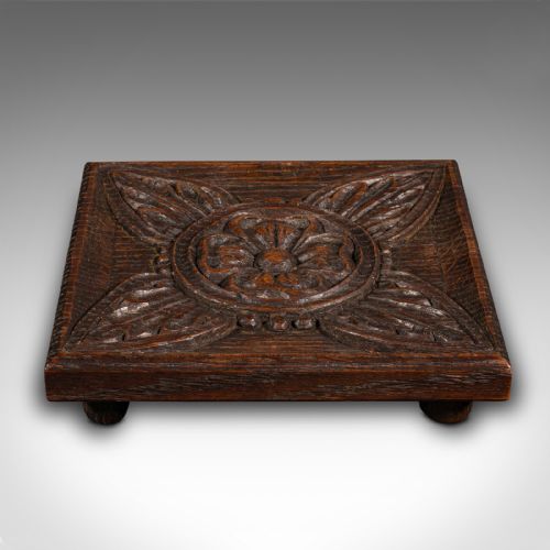 fig 1. Small Antique Tea Stand, English, Carved Oak, Pot Rest, Art Nouveau, Victorian