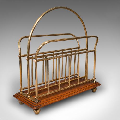 Antique Newspaper Stand, English, Oak, Brass, Magazine, Letter Rack, Victorian