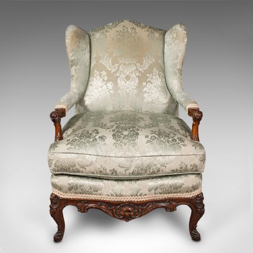 fig 1. Antique Open Armchair, French, Walnut, Salon Chair, Damask Upholstery, Victorian