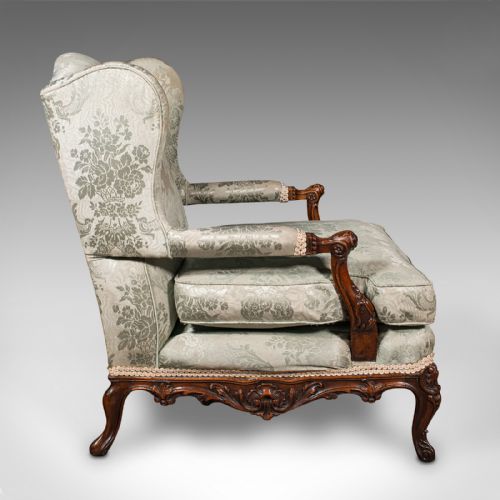 fig 2. Antique Open Armchair, French, Walnut, Salon Chair, Damask Upholstery, Victorian