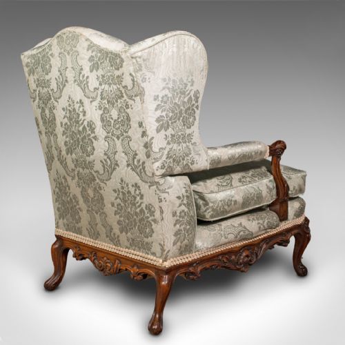 fig 3. Antique Open Armchair, French, Walnut, Salon Chair, Damask Upholstery, Victorian