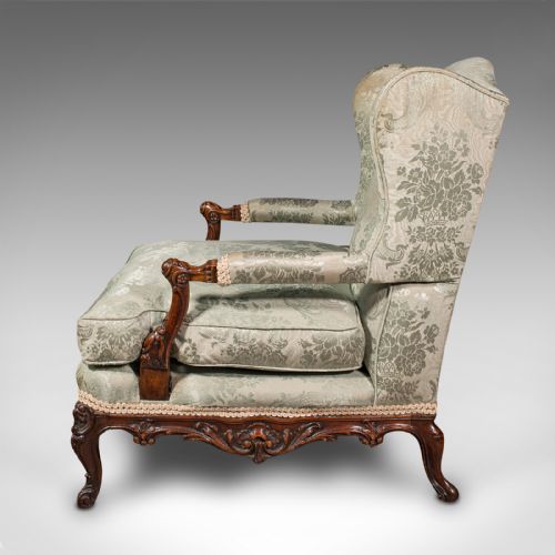 fig 4. Antique Open Armchair, French, Walnut, Salon Chair, Damask Upholstery, Victorian