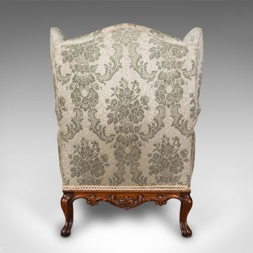 fig 5. Antique Open Armchair, French, Walnut, Salon Chair, Damask Upholstery, Victorian