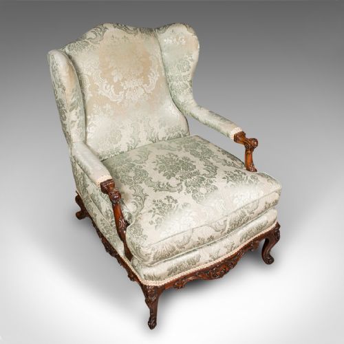 fig 6. Antique Open Armchair, French, Walnut, Salon Chair, Damask Upholstery, Victorian