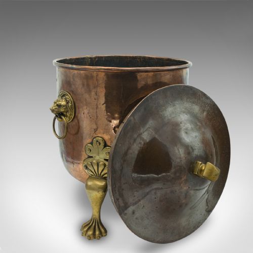 fig 1. Antique Fireside Bin, English, Copper, Brass, Coal, Log Bucket, Lid, Victorian