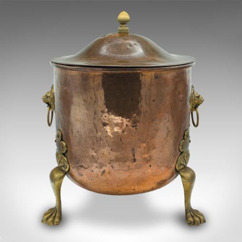 fig 2. Antique Fireside Bin, English, Copper, Brass, Coal, Log Bucket, Lid, Victorian