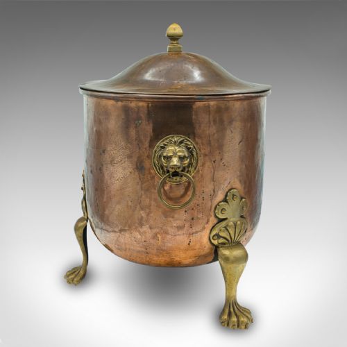 fig 3. Antique Fireside Bin, English, Copper, Brass, Coal, Log Bucket, Lid, Victorian