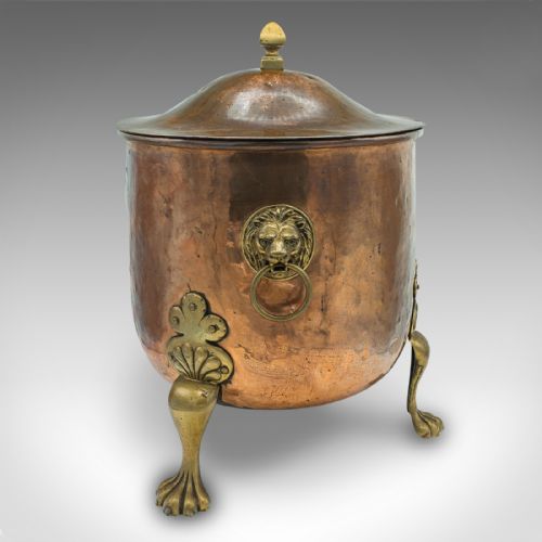 fig 4. Antique Fireside Bin, English, Copper, Brass, Coal, Log Bucket, Lid, Victorian