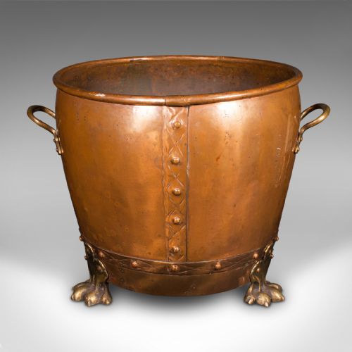 fig 1. Antique Fireside Bin, English Copper, Brass, Coal, Log Bucket, Victorian, C.1880