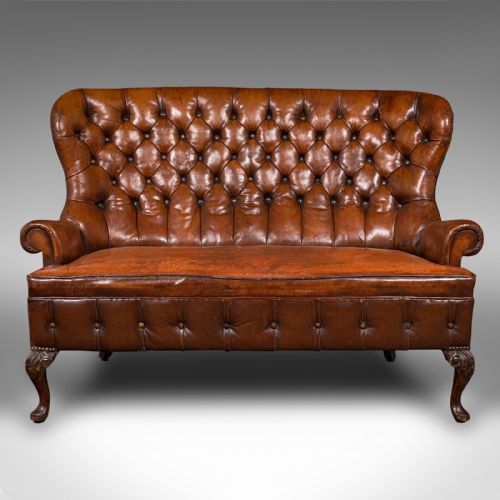 fig 1. Antique Button Back Sofa, English, Leather, 2 Seater, Club Settee, Edwardian