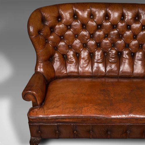 fig 6. Antique Button Back Sofa, English, Leather, 2 Seater, Club Settee, Edwardian