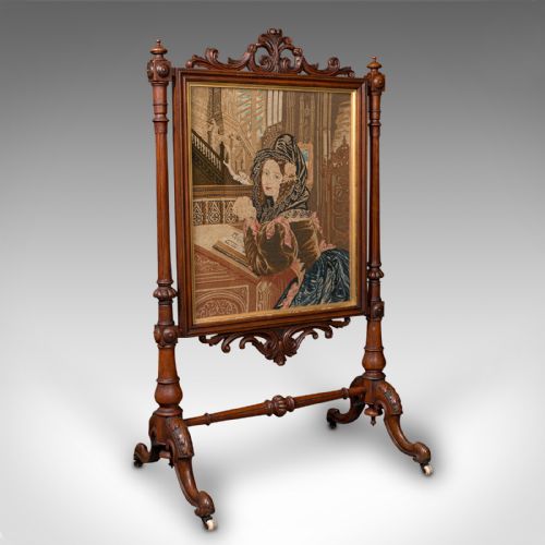 Antique Tapestry Fire Screen, English, Walnut, Needlepoint, Fireside, Victorian