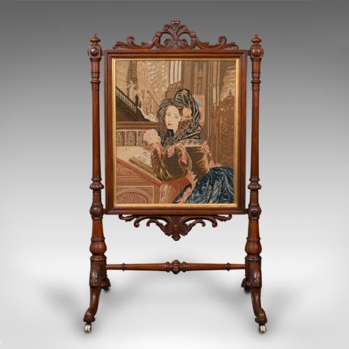 fig 1. Antique Tapestry Fire Screen, English, Walnut, Needlepoint, Fireside, Victorian