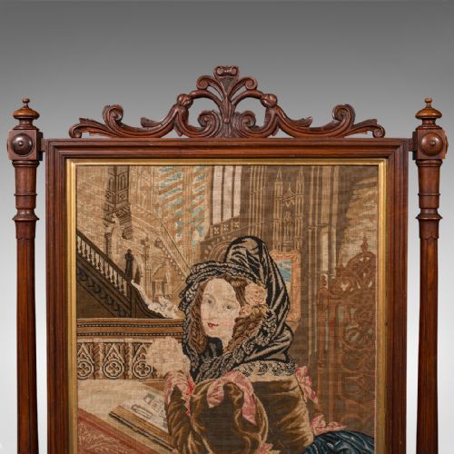 fig 3. Antique Tapestry Fire Screen, English, Walnut, Needlepoint, Fireside, Victorian