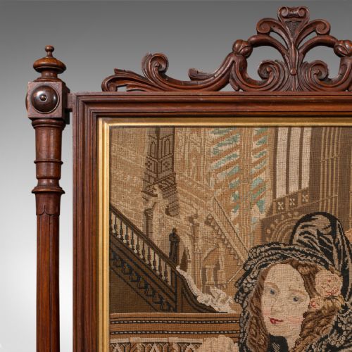 fig 4. Antique Tapestry Fire Screen, English, Walnut, Needlepoint, Fireside, Victorian