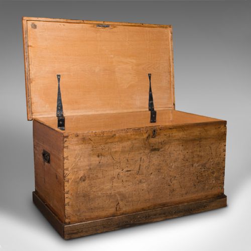fig 2. Large Antique Shipping Trunk, English, Pine Linen Chest, Coffee Table, Victorian
