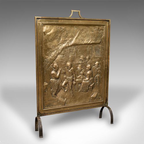 Antique Decorative Fire Screen, French, Brass, Fireside Heat Shield, Victorian