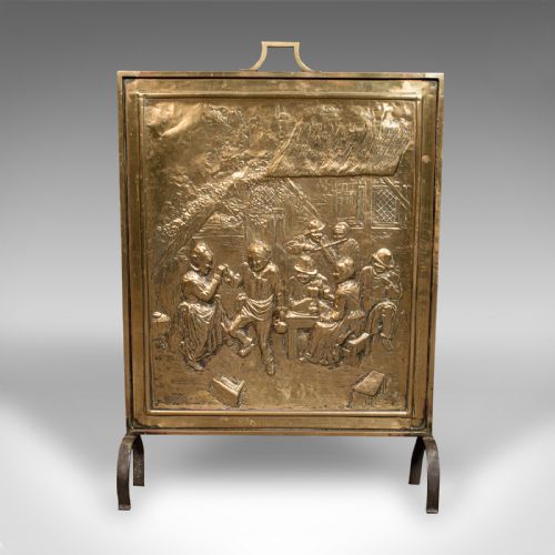 fig 1. Antique Decorative Fire Screen, French, Brass, Fireside Heat Shield, Victorian