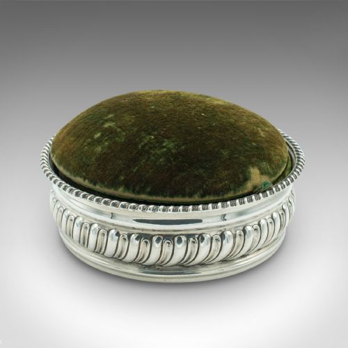 fig 1. Antique Ladies Needlework Box, English, Velvet, Plated, Pincushion, Victorian