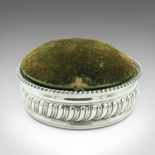 fig 2. Antique Ladies Needlework Box, English, Velvet, Plated, Pincushion, Victorian